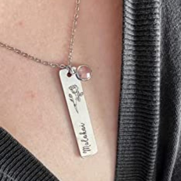 Silver Custom Birthstone Necklace Birth Flower Name Personalized Gift for Her - Picture 4 of 13